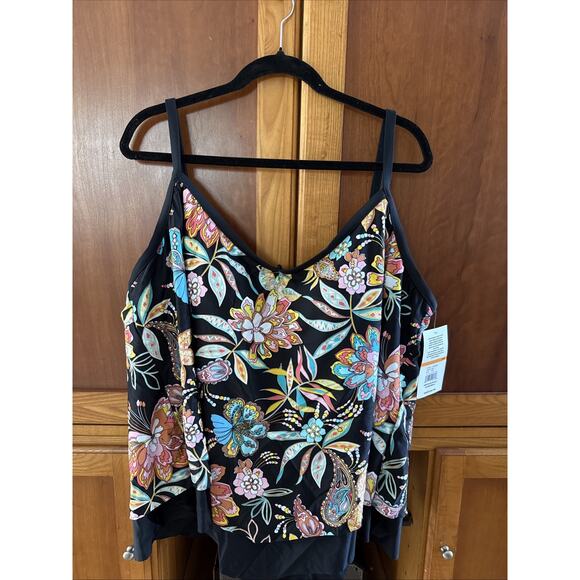 NWT Maxine Tankini Top 24W Black Colorful Floral Adjustable Straps - Picture 1 of 7